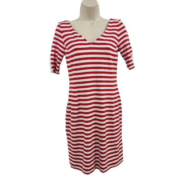 BANANA REPUBLIC Striped Zipped Back Ponte V Neck Dress Red White Size 4 - Picture 1 of 12